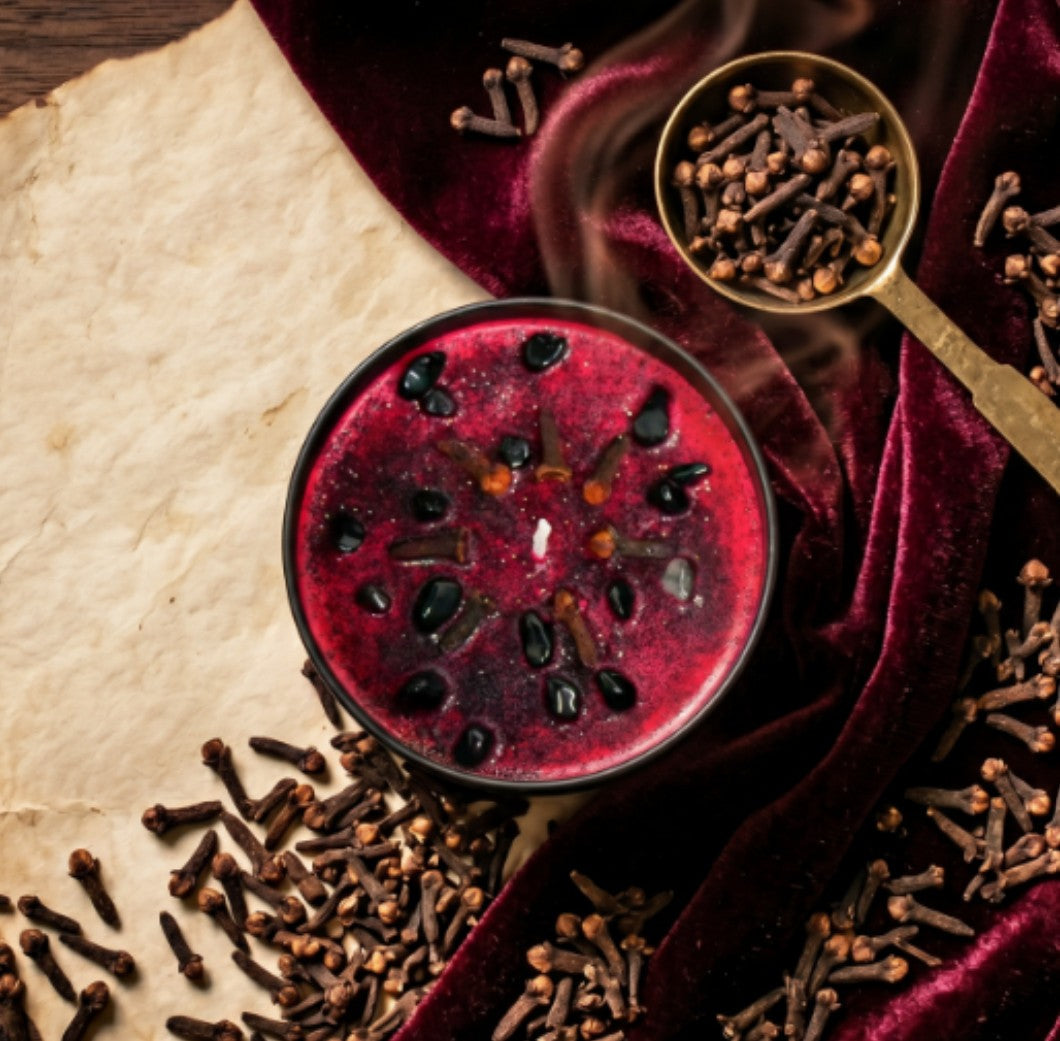 Fiery Wall of Protection ritual candle in an 8 oz jar with cloves and black obsidian (view 5)