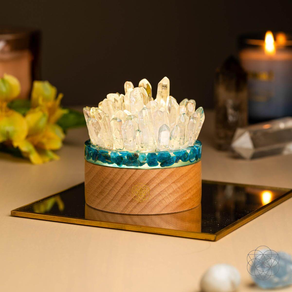 Blue Apatite and Clear Quartz crystal lamp glowing on a wooden base — view 6