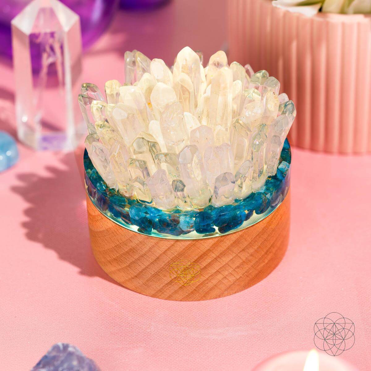 Blue Apatite and Clear Quartz crystal lamp glowing on a wooden base — view 4
