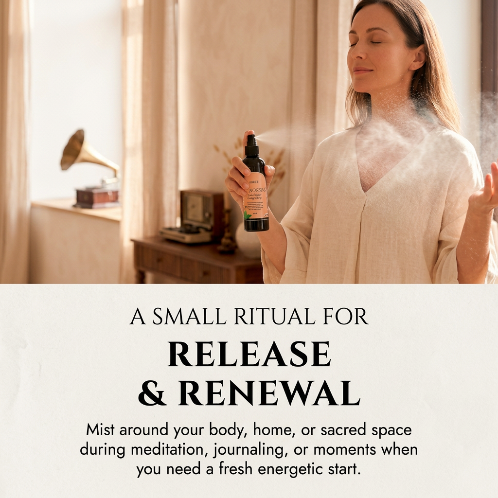 Uncrossing smudge spray in a 4 ounce bottle, a smokeless clearing mist, shown in a styled setting