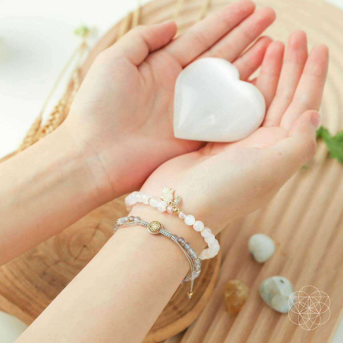 Two-bracelet wealth set with a gold-plated hamsa hand charm, citrine, moonstone and labradorite beads — view 3 of 7