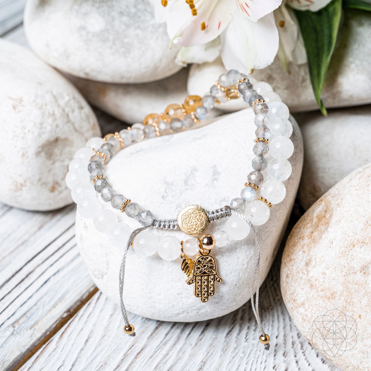 Two-bracelet wealth set with a gold-plated hamsa hand charm, citrine, moonstone and labradorite beads — view 1 of 7