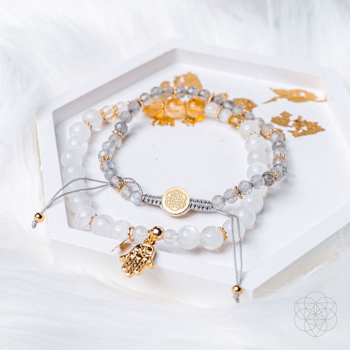 Two-bracelet wealth set with a gold-plated hamsa hand charm, citrine, moonstone and labradorite beads — view 5 of 7