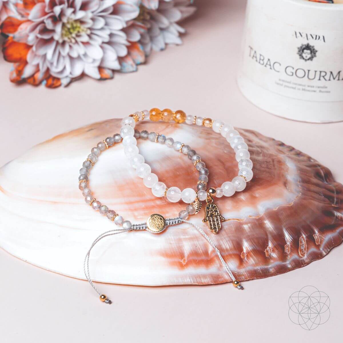 Two-bracelet wealth set with a gold-plated hamsa hand charm, citrine, moonstone and labradorite beads — view 6 of 7
