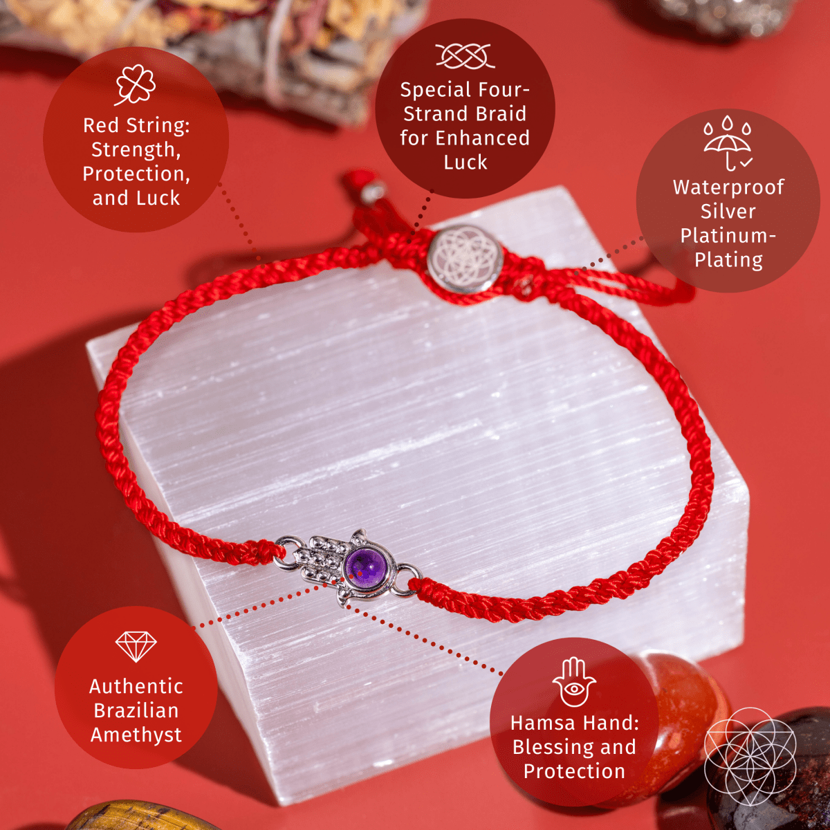 Four-strand red string bracelet with a silver-plated hamsa hand charm set with a purple Brazilian amethyst — detail view 4