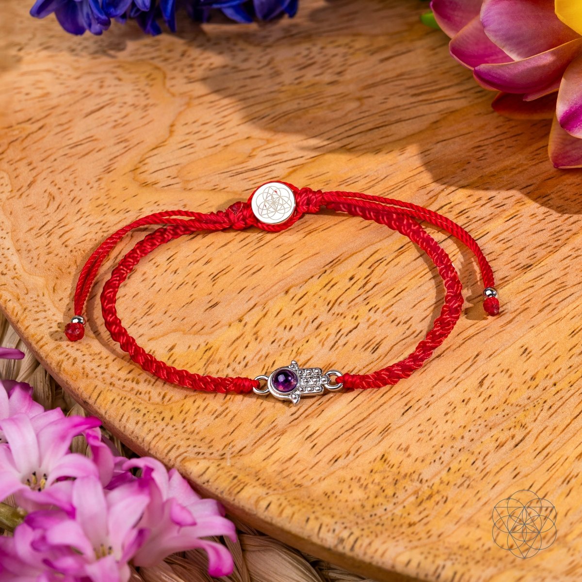 Four-strand red string bracelet with a silver-plated hamsa hand charm set with a purple Brazilian amethyst — detail view 5