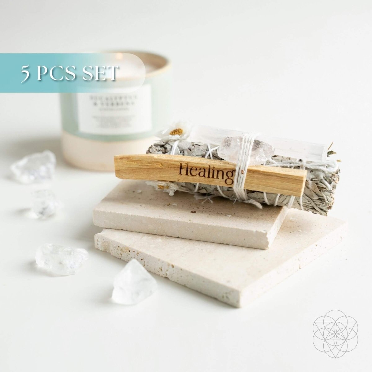 Five-piece smudge kit with white sage bundle, daisy flower bundle, engraved palo santo stick, selenite and clear quartz