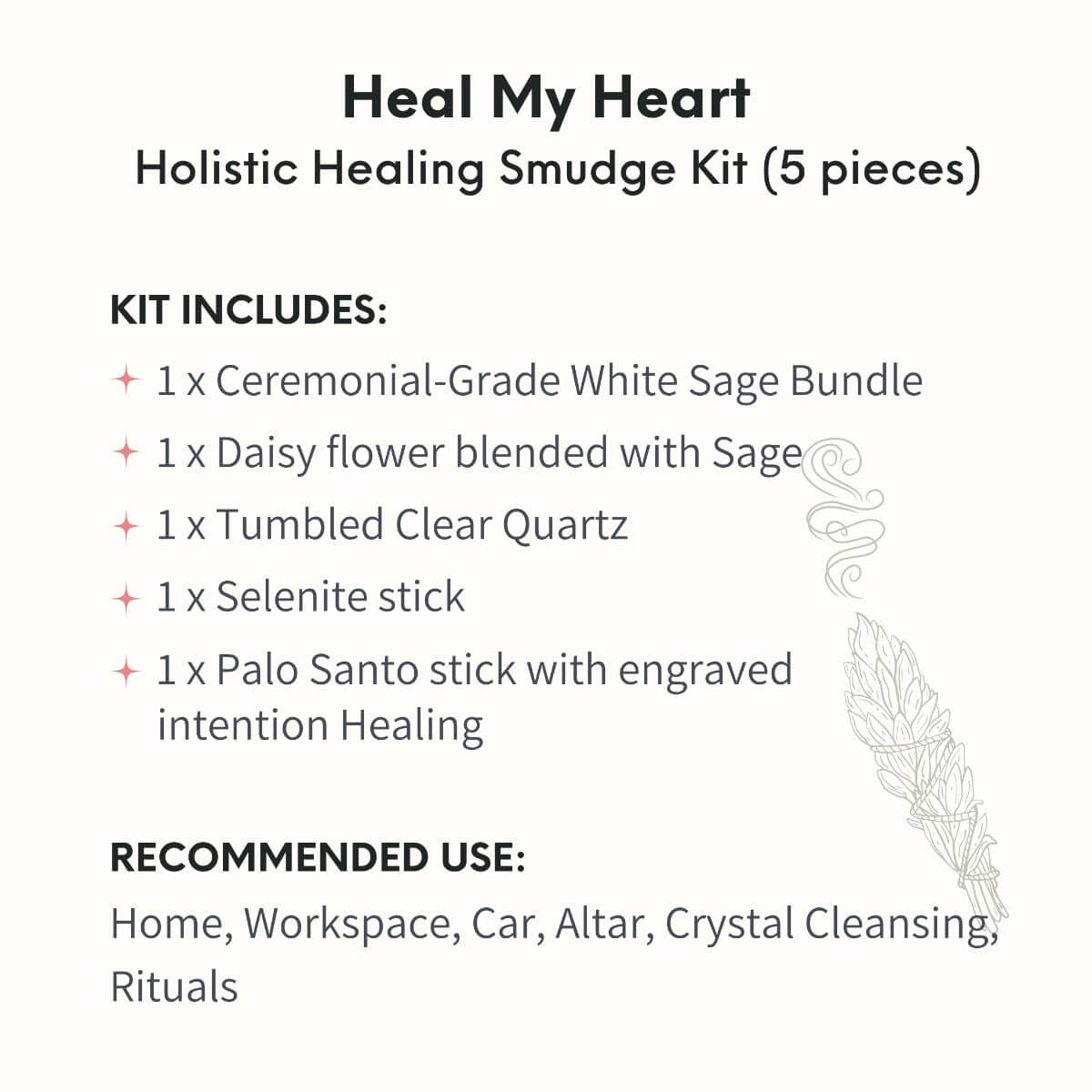 Five-piece smudge kit with white sage bundle, daisy flower bundle, engraved palo santo stick, selenite and clear quartz — detail view 6