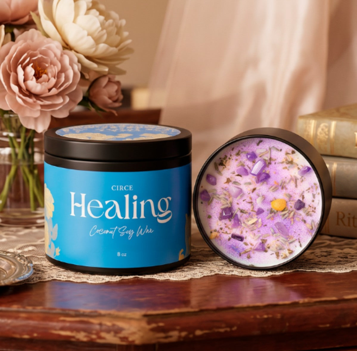 Healing ritual candle in an 8 oz jar with lavender, chamomile and amethyst (view 2)