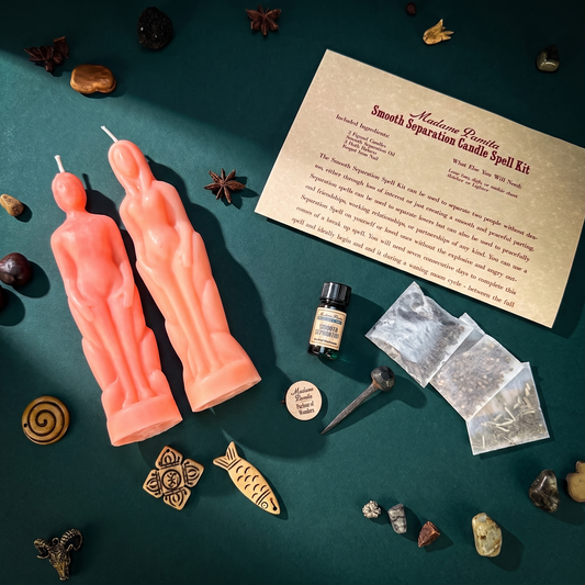 Smooth Separation Candle Spell Kit laid out with two coral figure candles, instruction card, oil and herb packet