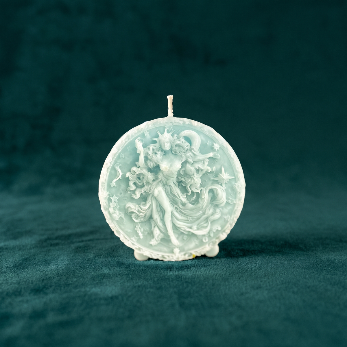 Beeswax Aquarius Water Bearer zodiac spell candle standing upright, showing the Water Bearer figure