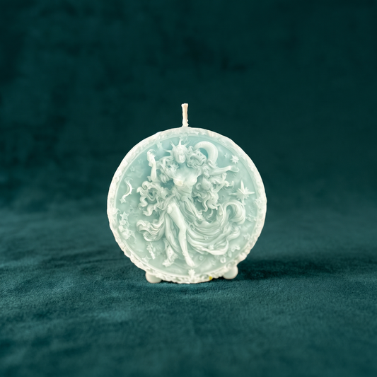 Beeswax Aquarius Water Bearer zodiac spell candle standing upright, showing the Water Bearer figure