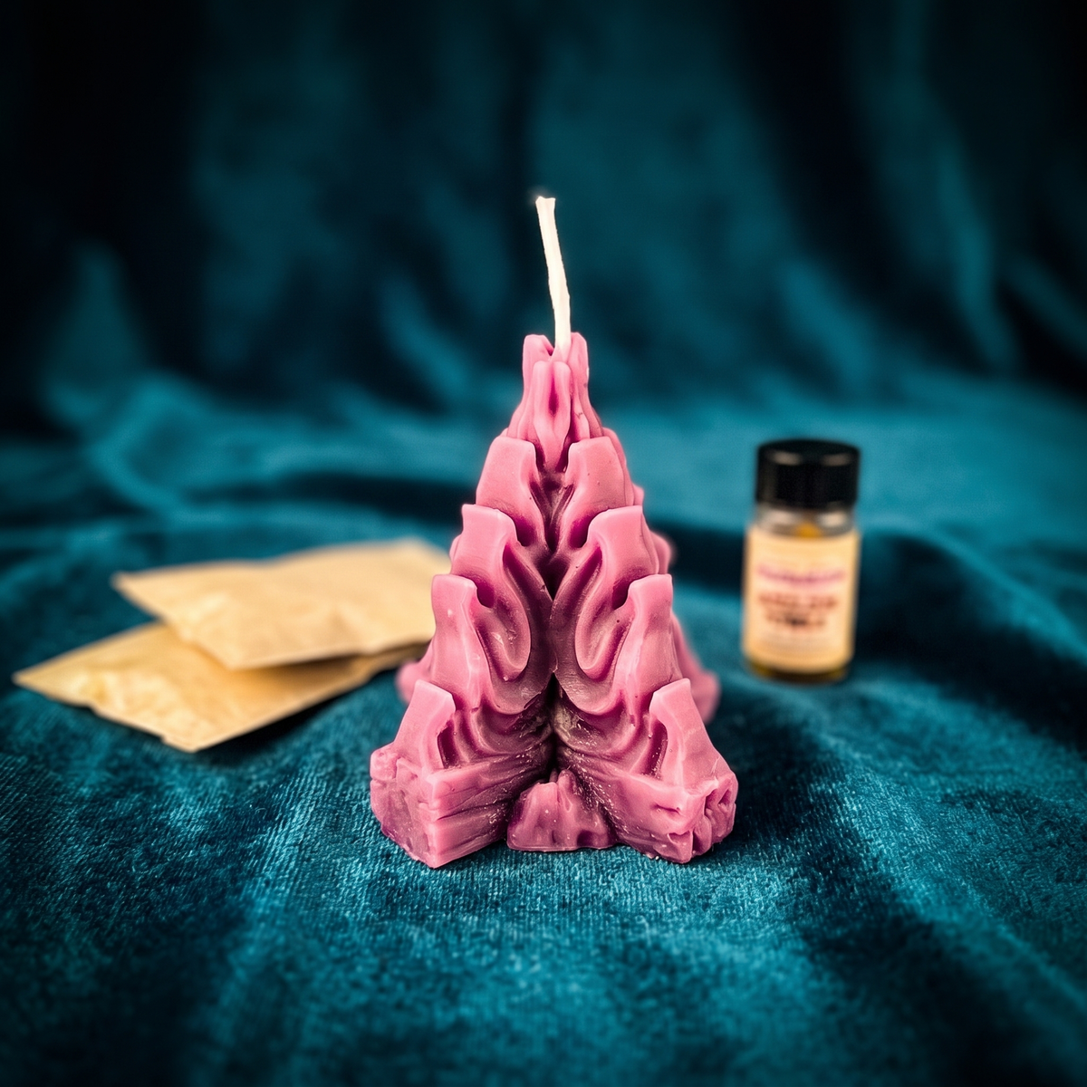 Living Fire Candle Spell Kit laid out with the beeswax Living Fire candle, three herbs, spiritual oil and instructions