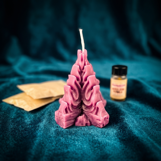 Living Fire Candle Spell Kit laid out with the beeswax Living Fire candle, three herbs, spiritual oil and instructions