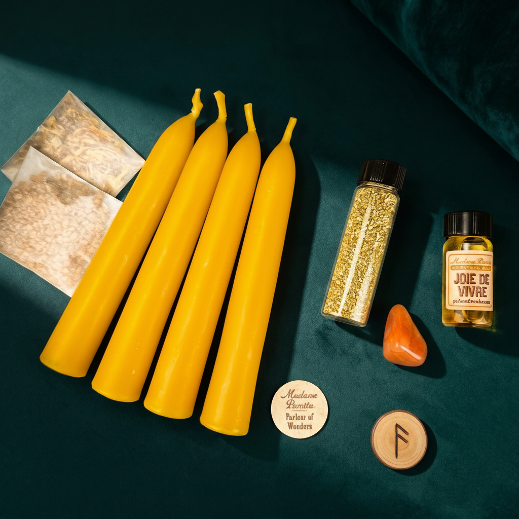 Optimism Candle Spell Booster Pack with four yellow beeswax tapers, Joie De Vivre oil, herbs, tumbled gemstone and gold glass glitter