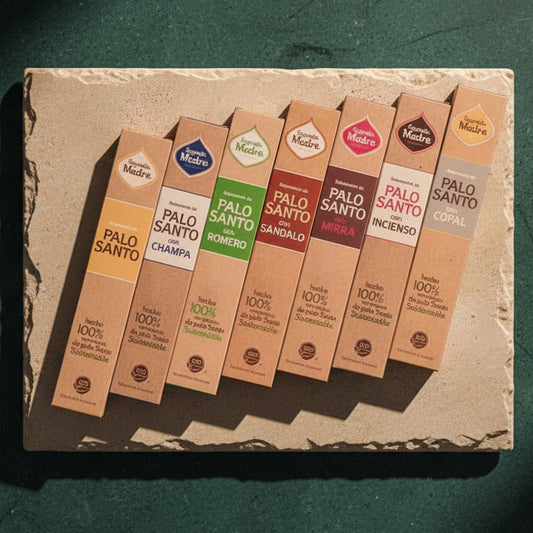 Eight Palo Santo incense varieties fanned out on a stone slab, including Champa, Romero, Sandalo, Incienso and Copal