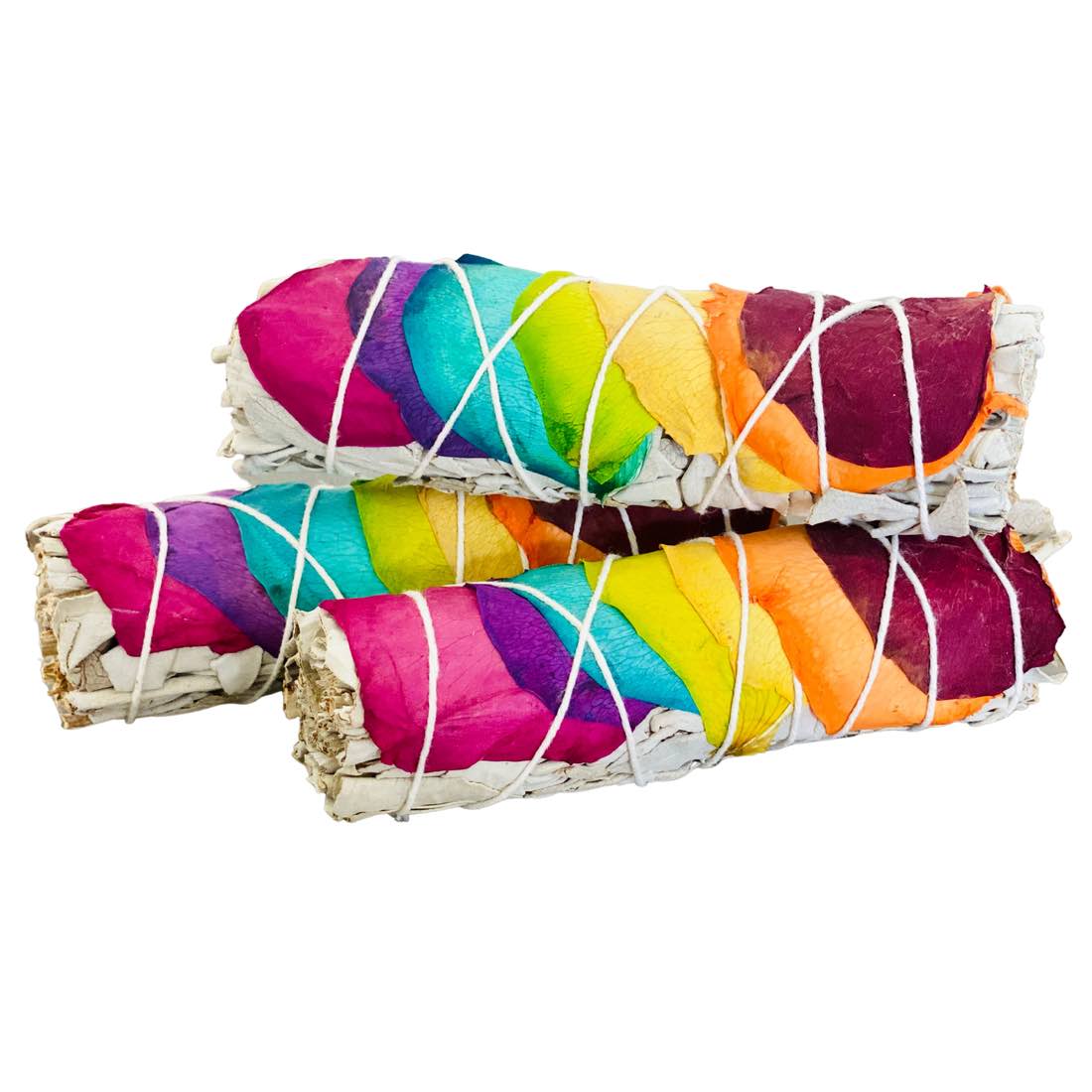 A Rainbow Sage Stick, a colorful sage smudge bundle for chakra cleansing.