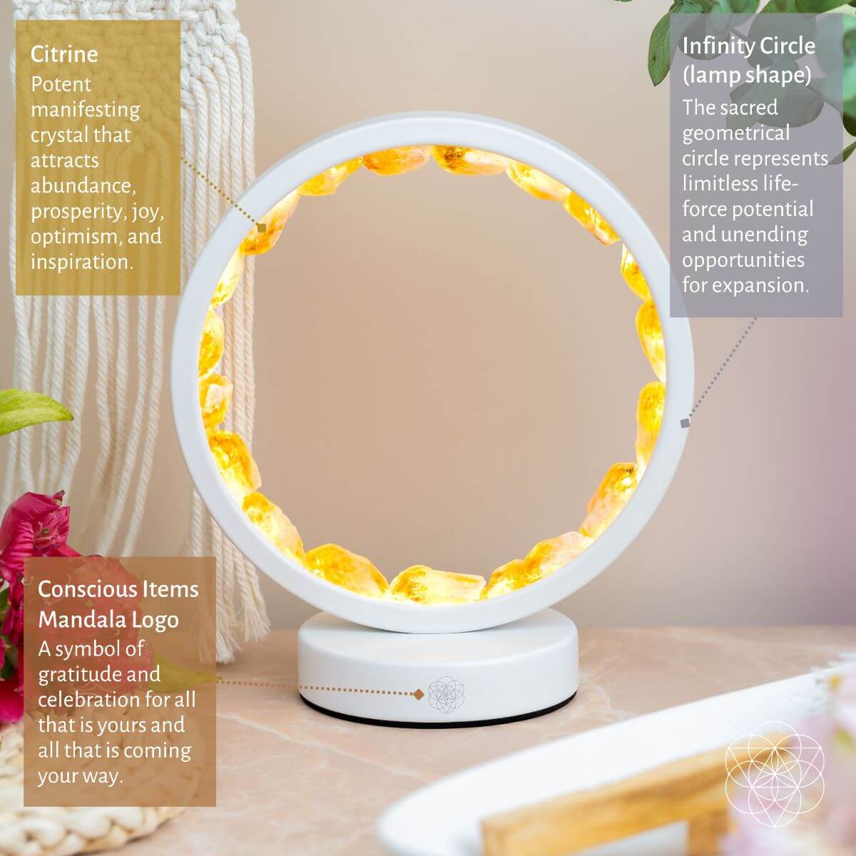 Infinite Abundance citrine halo lamp lined with raw citrine clusters, glowing on a desk (view 3)