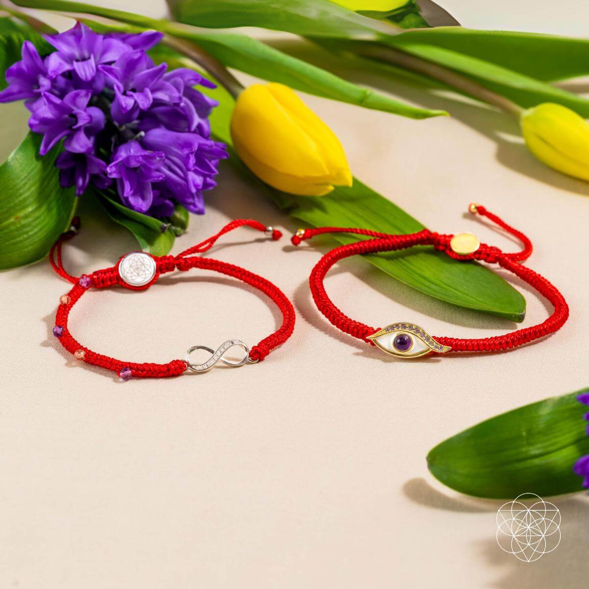Infinite Prosperity — Eight-Strand Red String Citrine & Amethyst Bracelet