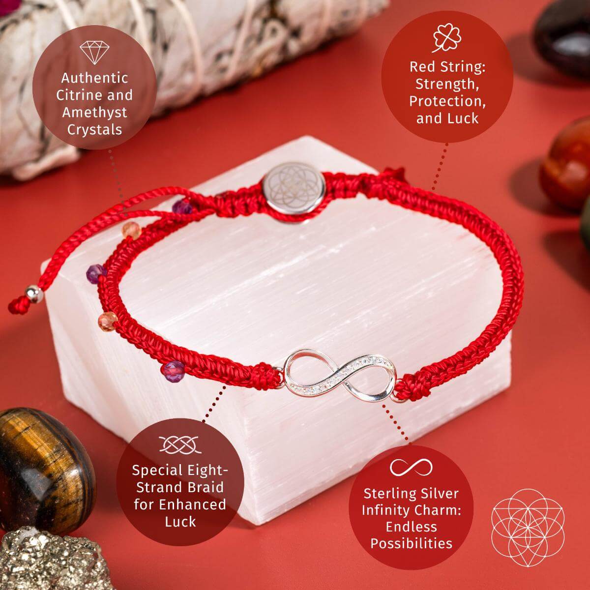 Eight-strand red string bracelet with a sterling silver infinity charm, citrine and amethyst beads — detail view 4