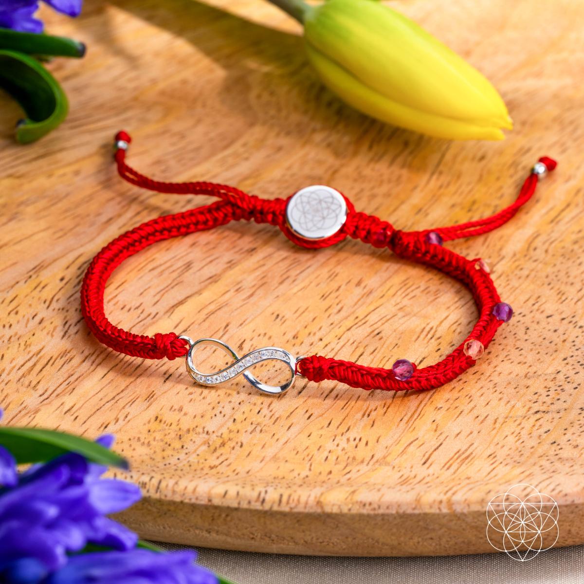 Eight-strand red string bracelet with a sterling silver infinity charm, citrine and amethyst beads — detail view 5