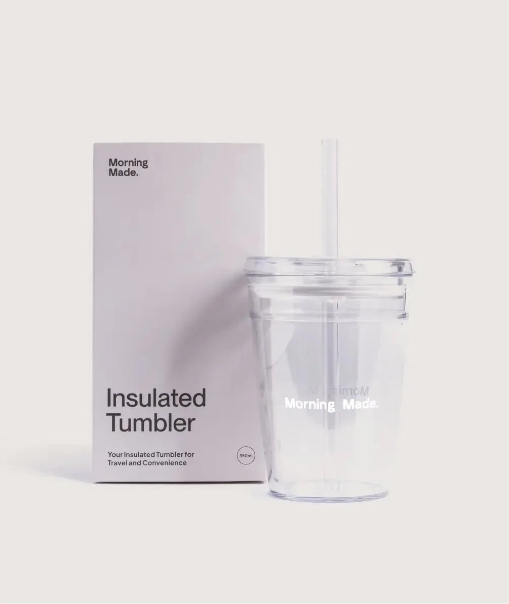 Morning Made insulated tumbler standing upright, seen from the front