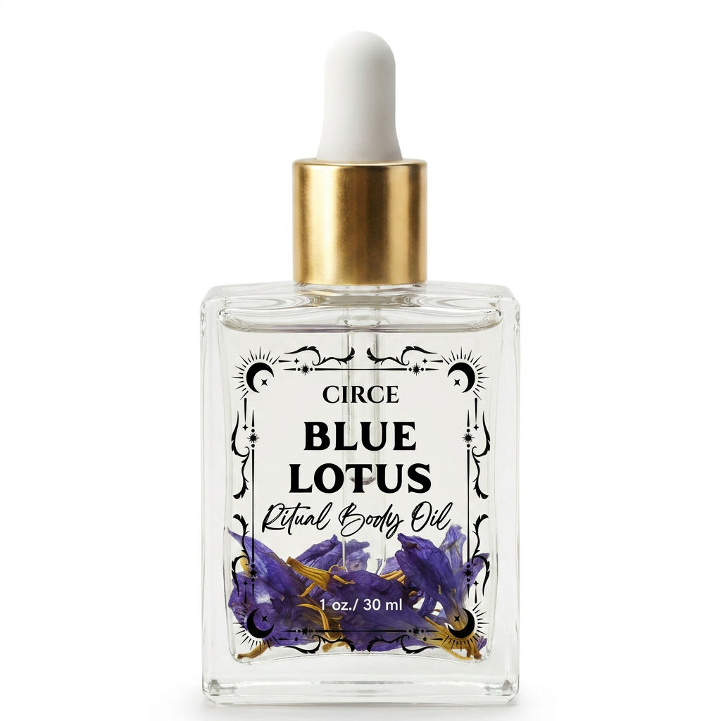 Blue Lotus Ritual Body Oil, 3.4 oz apothecary glass bottle — additional product view.