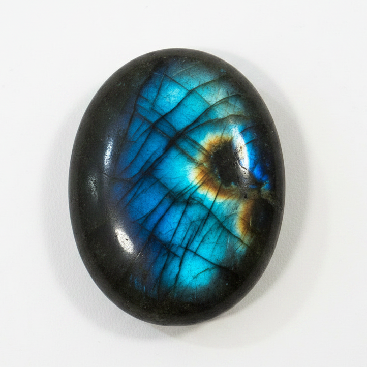 Labradorite comfort stone flashing blue and gold iridescence in the light