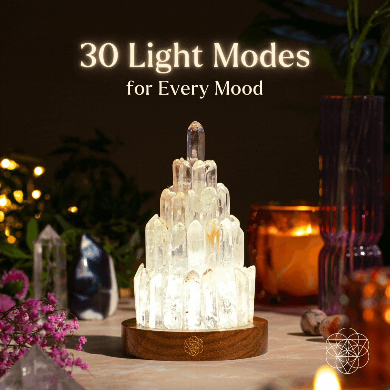Tall carved clear quartz tower lamp lit from within — detail view 3