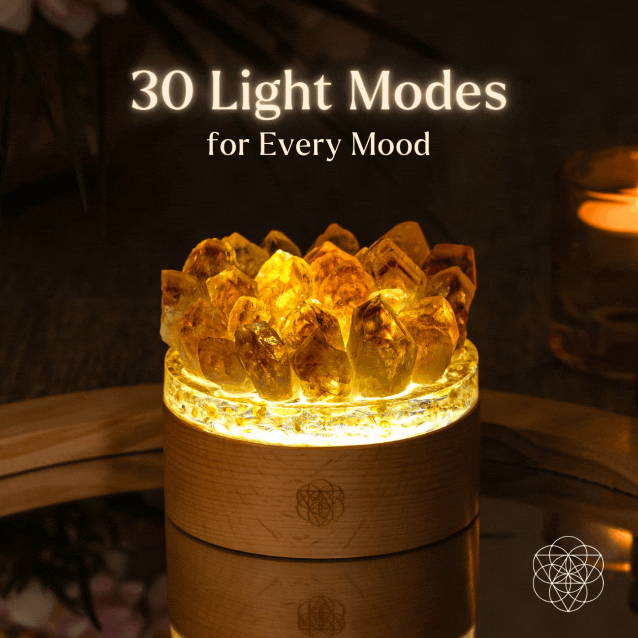Citrine crystal lamp with golden points rising from a wooden base — view 2