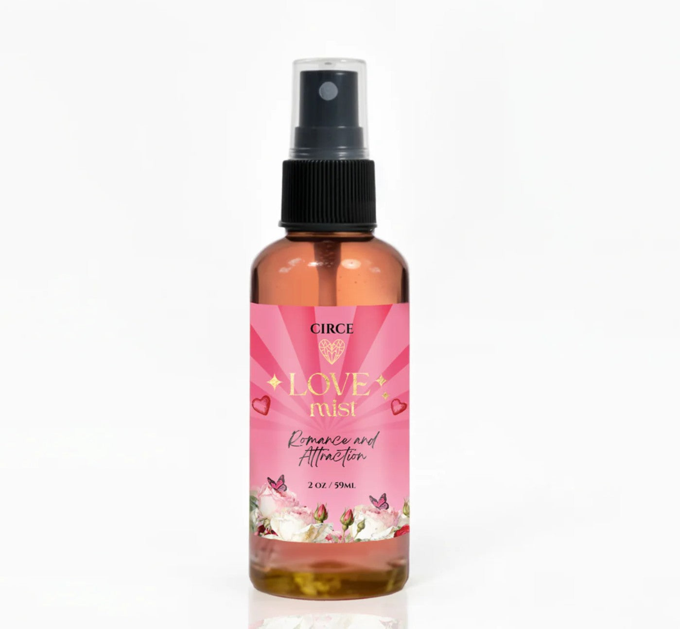 Love Attraction mist in a 2 ounce spray bottle with real jasmine flowers visible, front view