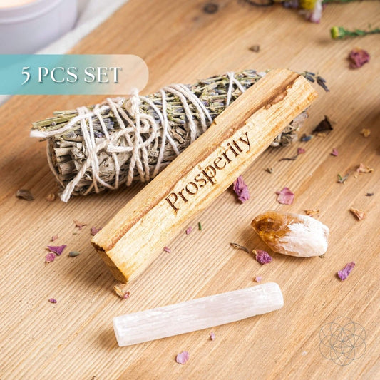 Manifest Miracles prosperity smudge kit with white sage and lavender bundle, engraved Palo Santo, selenite and citrine