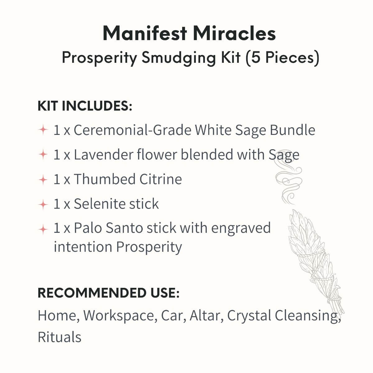 Manifest Miracles prosperity smudge kit with white sage and lavender bundle, engraved Palo Santo, selenite and citrine (view 6)
