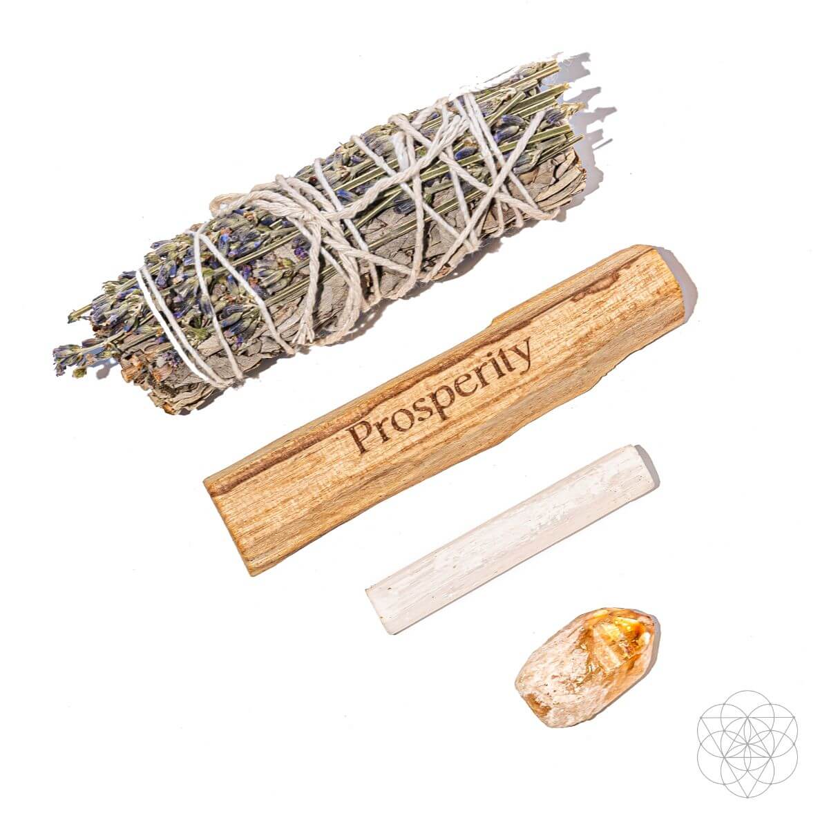 Manifest Miracles prosperity smudge kit with white sage and lavender bundle, engraved Palo Santo, selenite and citrine (view 3)