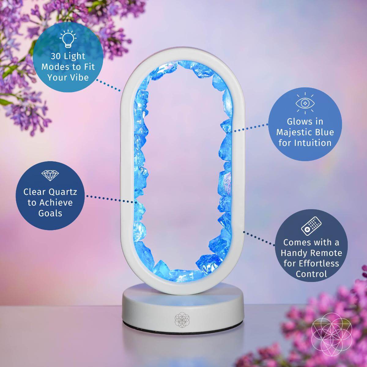 Aura-plated clear quartz lamp glowing in deep blue hues — detail view 3