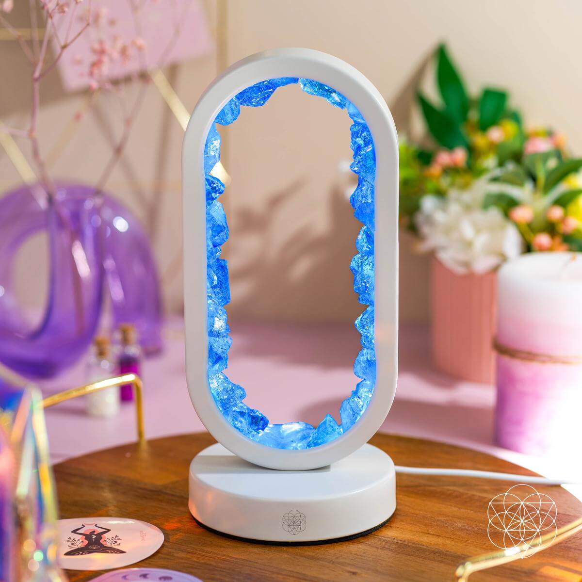 Aura-plated clear quartz lamp glowing in deep blue hues — detail view 6