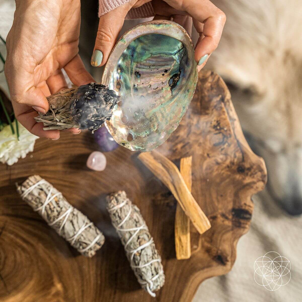 Master Cleanse deluxe smudging kit with white sage, palo santo, abalone shell, feather and crystals on a wooden stand — view 2 of 6
