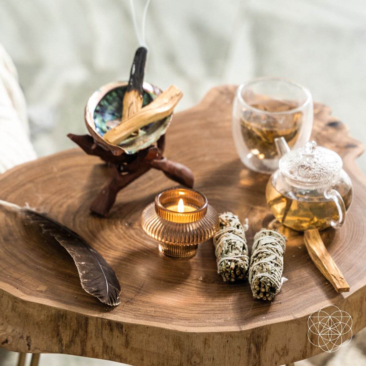 Master Cleanse deluxe smudging kit with white sage, palo santo, abalone shell, feather and crystals on a wooden stand — view 5 of 6