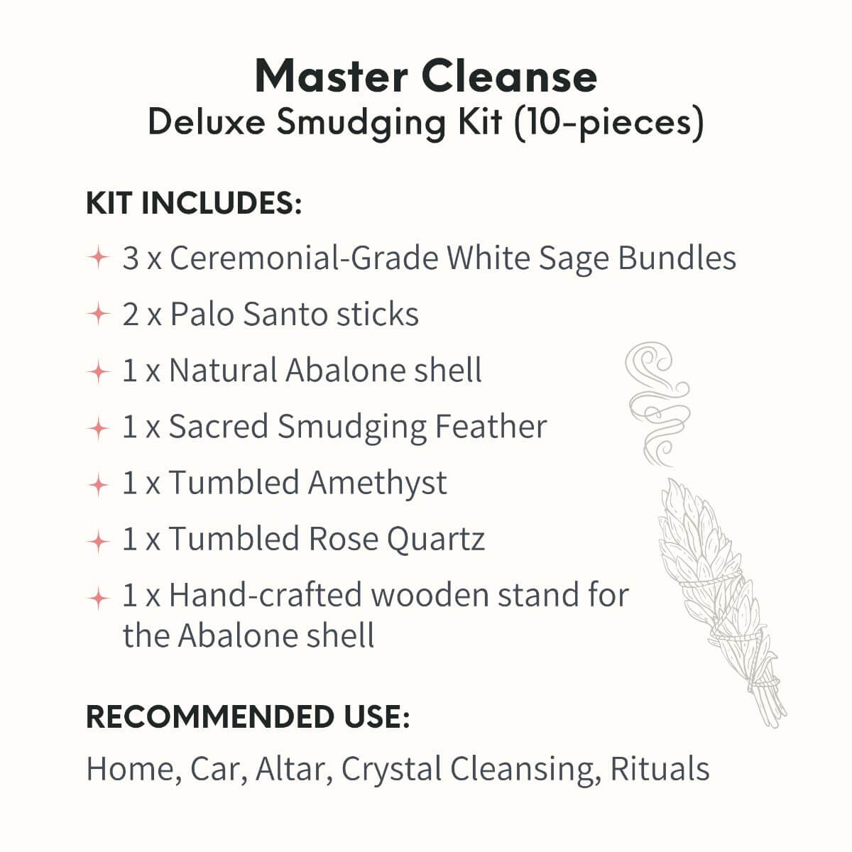Master Cleanse deluxe smudging kit with white sage, palo santo, abalone shell, feather and crystals on a wooden stand — view 6 of 6