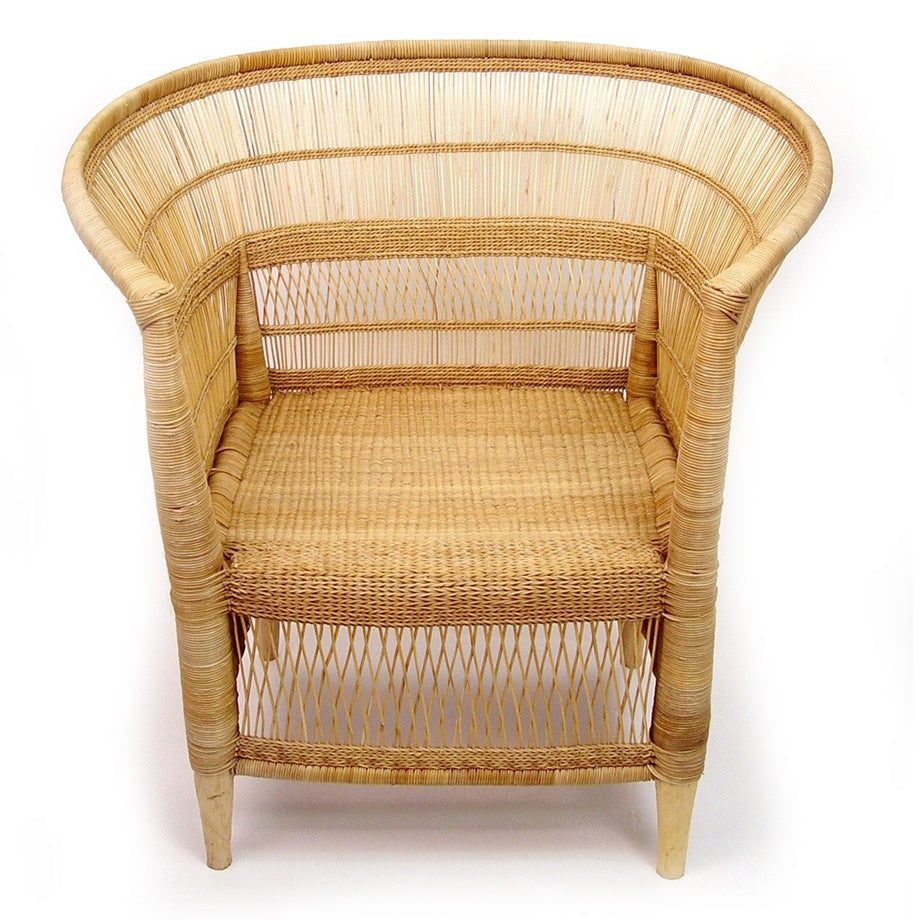 Malawi cane chair from the front, showing the woven barrel back