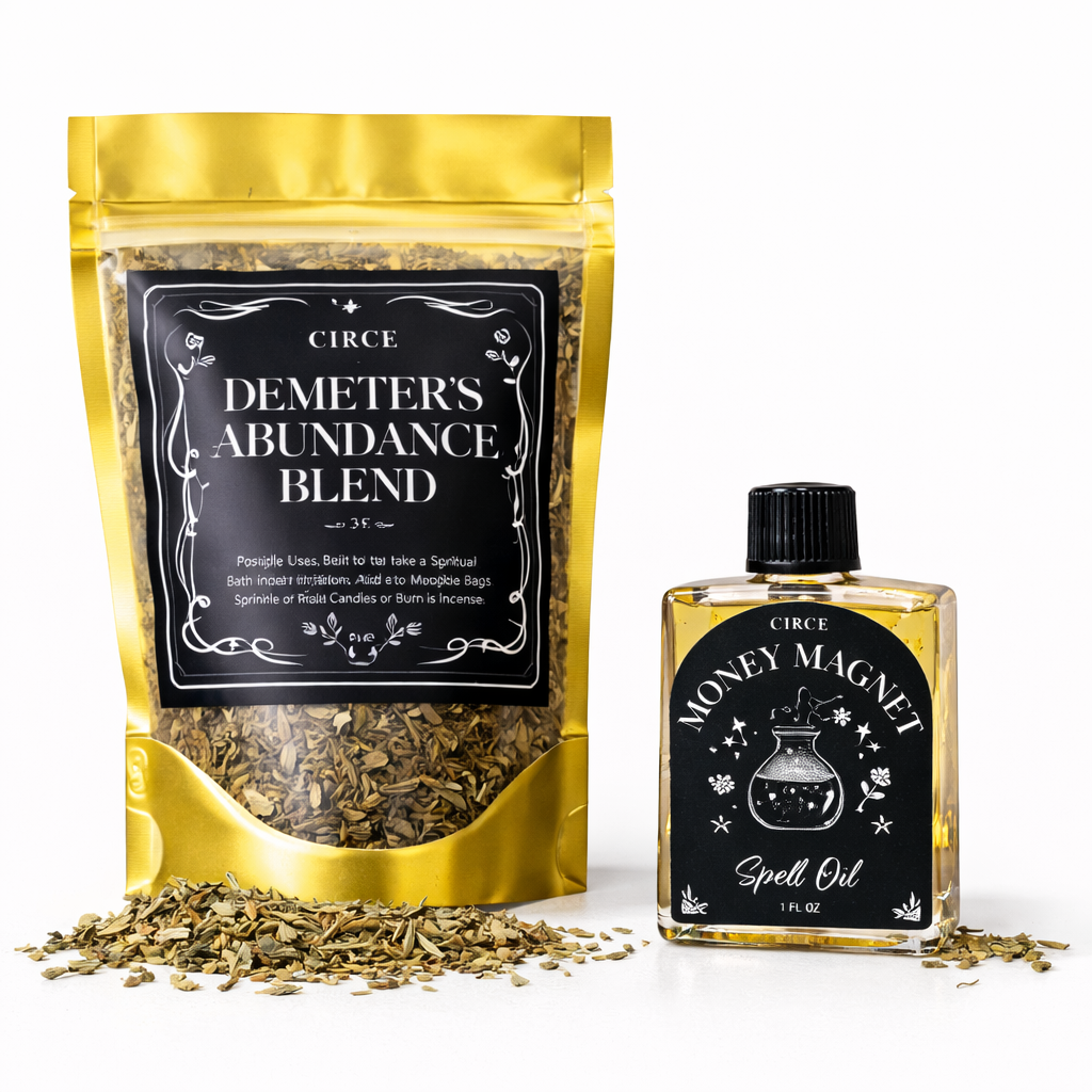 Demeter's Abundance ritual set with prosperity herb blend and Money Magnet spell oil