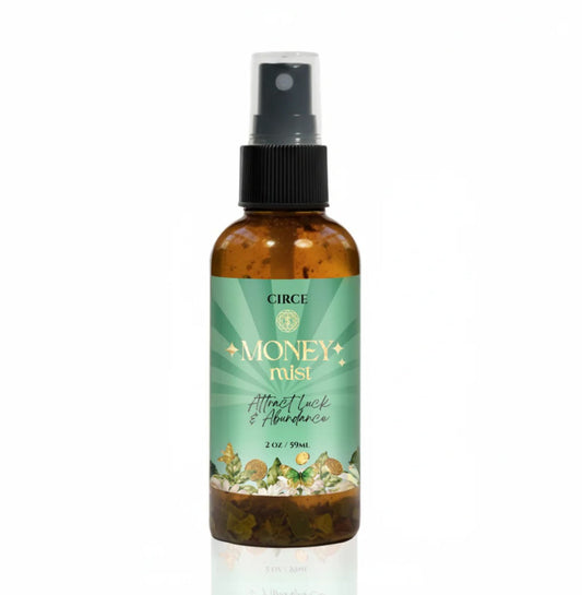 Money Mist abundance spray in a 2 oz bottle with bay leaf and cinnamon