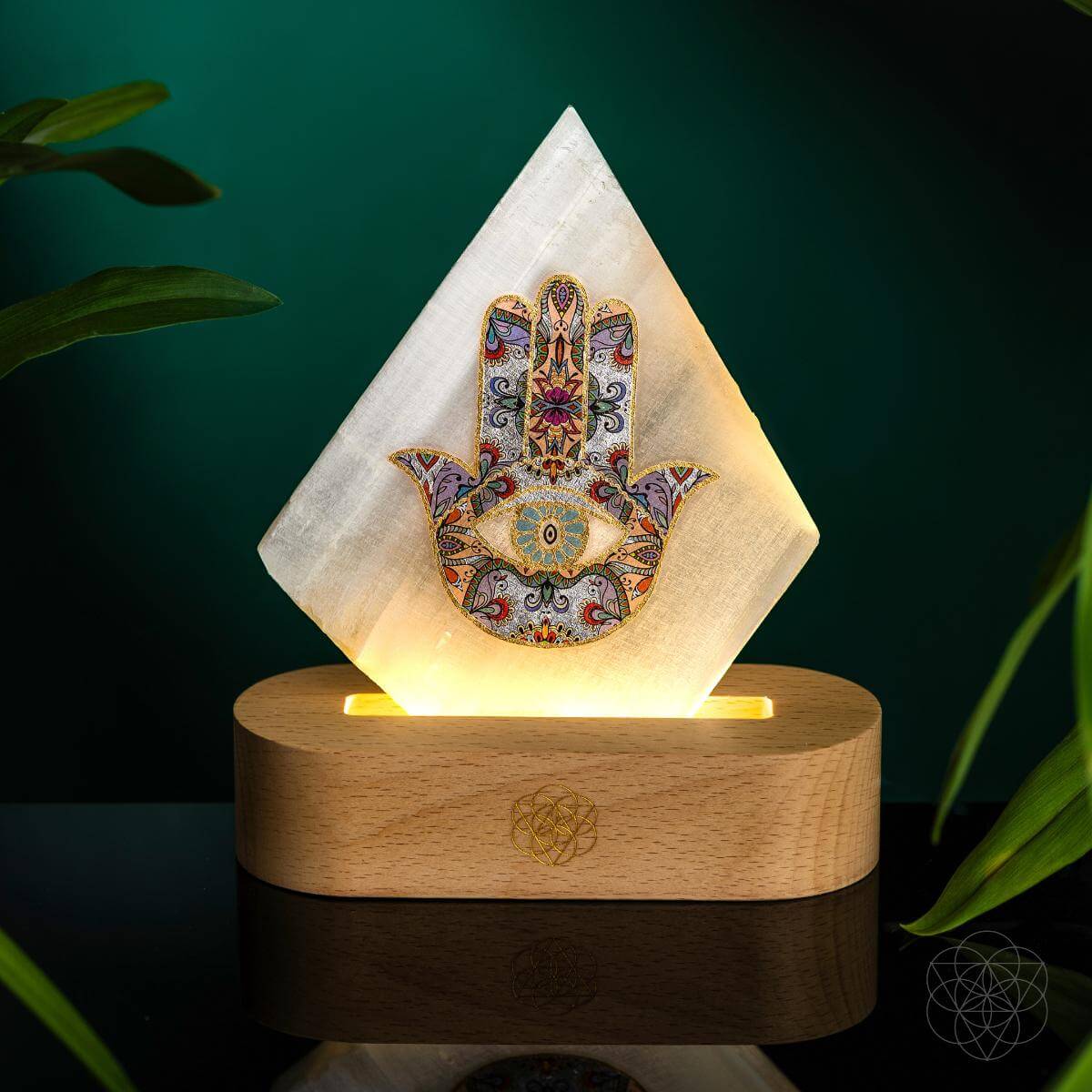 Selenite mood lamp topped with a Hamsa Hand talisman — view 3