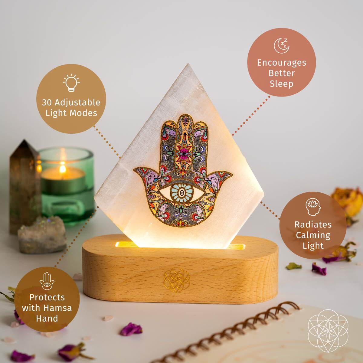Selenite mood lamp topped with a Hamsa Hand talisman — view 4