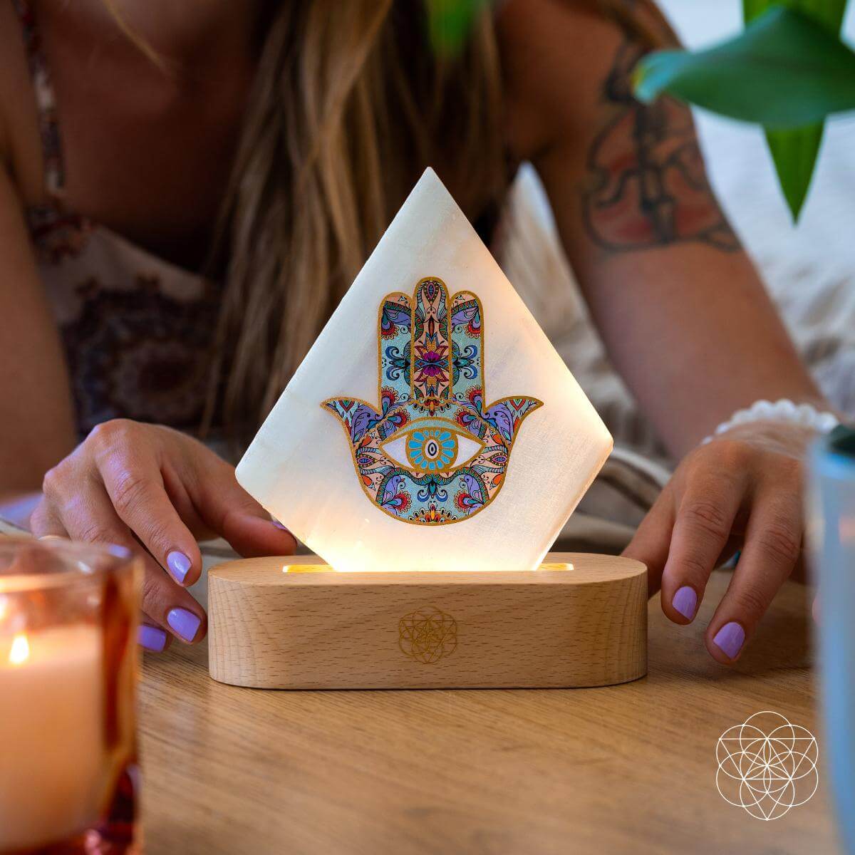 Selenite mood lamp topped with a Hamsa Hand talisman — view 6