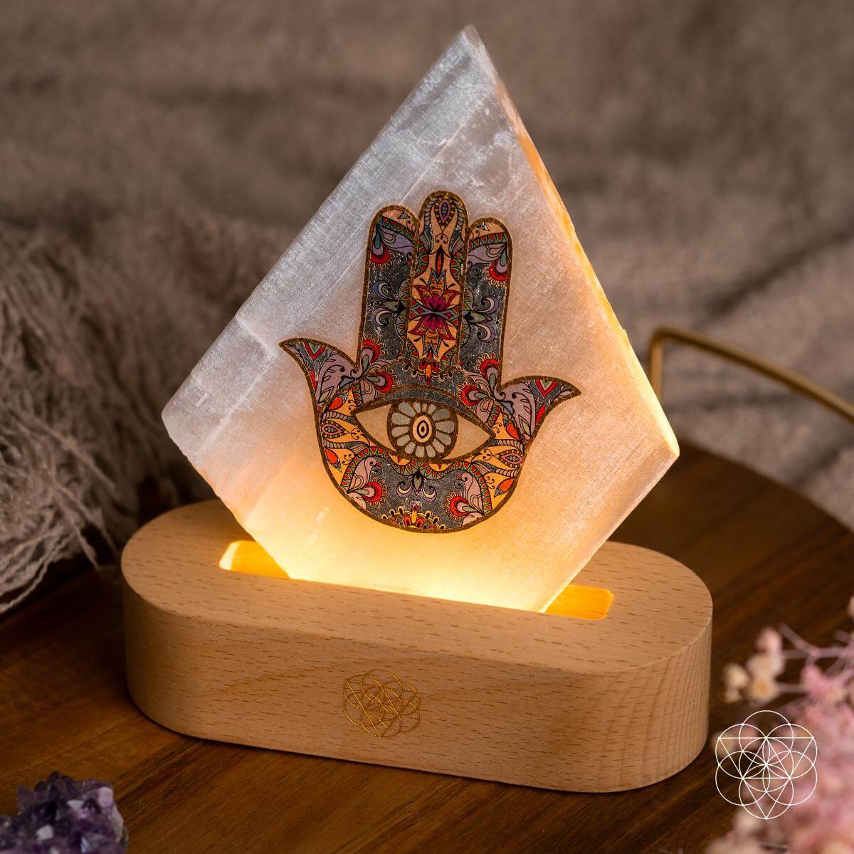 Selenite mood lamp topped with a Hamsa Hand talisman — view 5