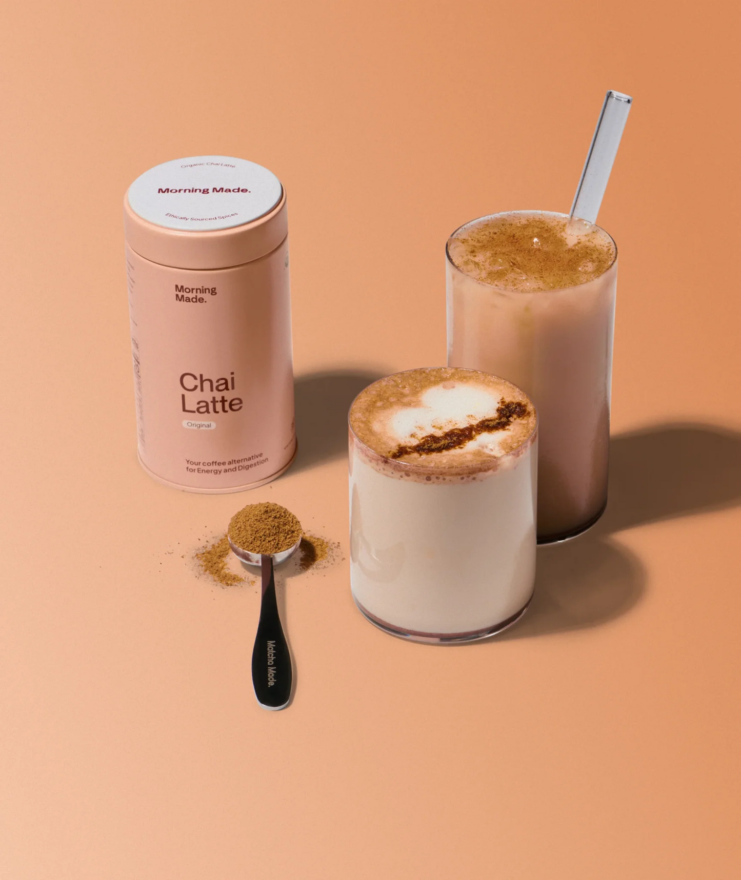 Morning Made chai latte blend with a prepared cup