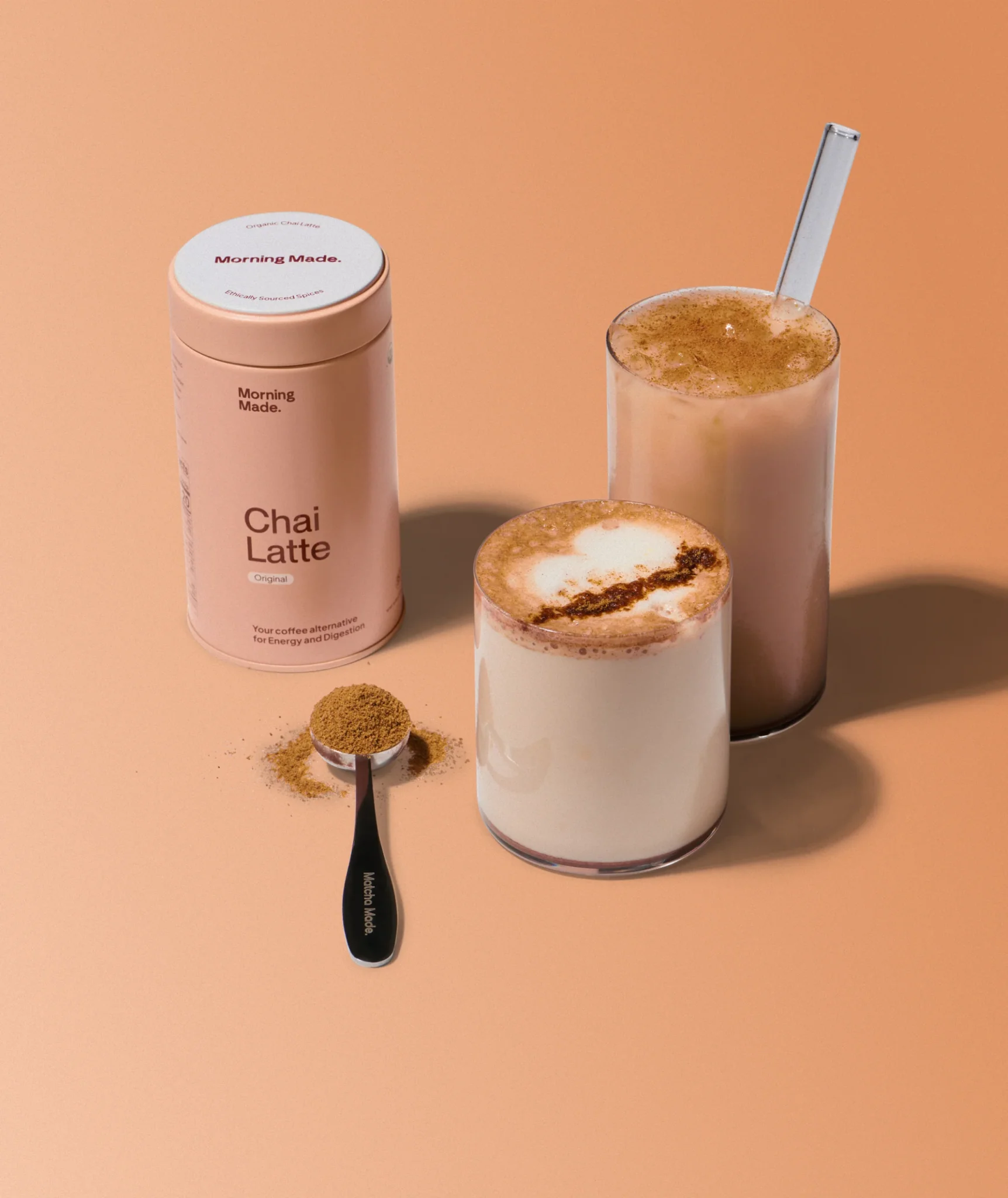 Morning Made chai latte blend with a prepared cup