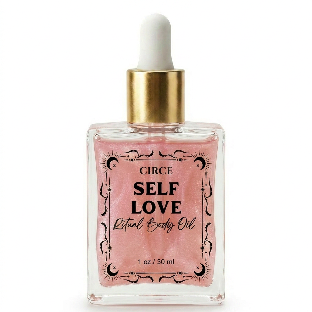 Self Love ritual body oil in an apothecary glass bottle with rose quartz crystals (view 6)