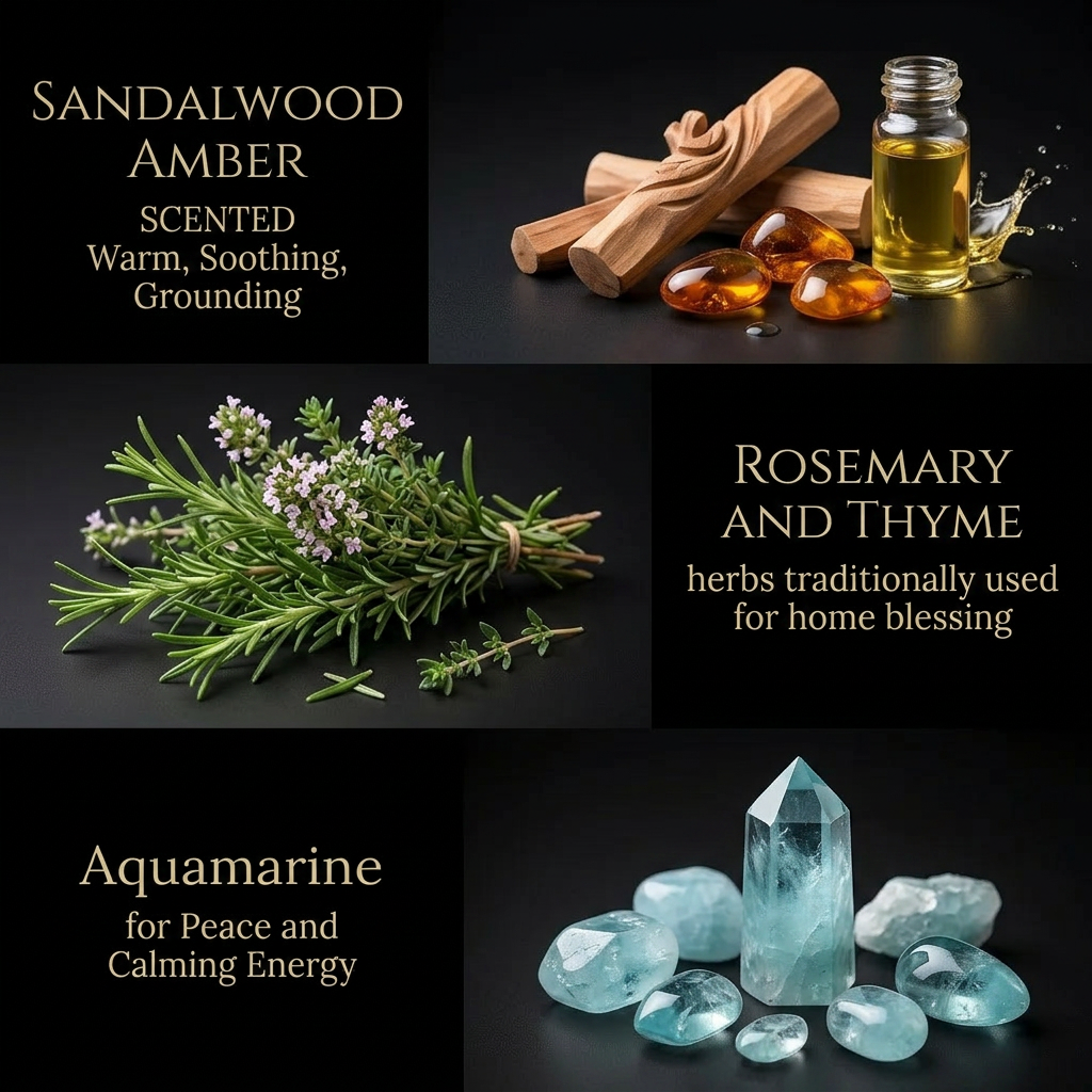 Home Blessing ritual candle in an 8 oz jar with rosemary, thyme and aquamarine (view 4)